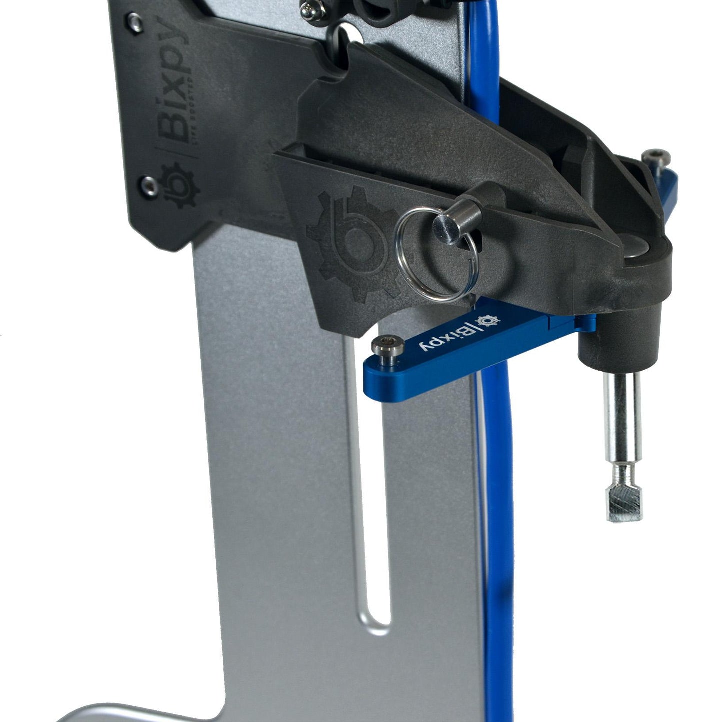 Close-up of the upper section of a light gray Bixpy Versa Rudder, showing its black clamping mechanism, blue adjustment lever with ring, and connection to a blue vertical shaft.
