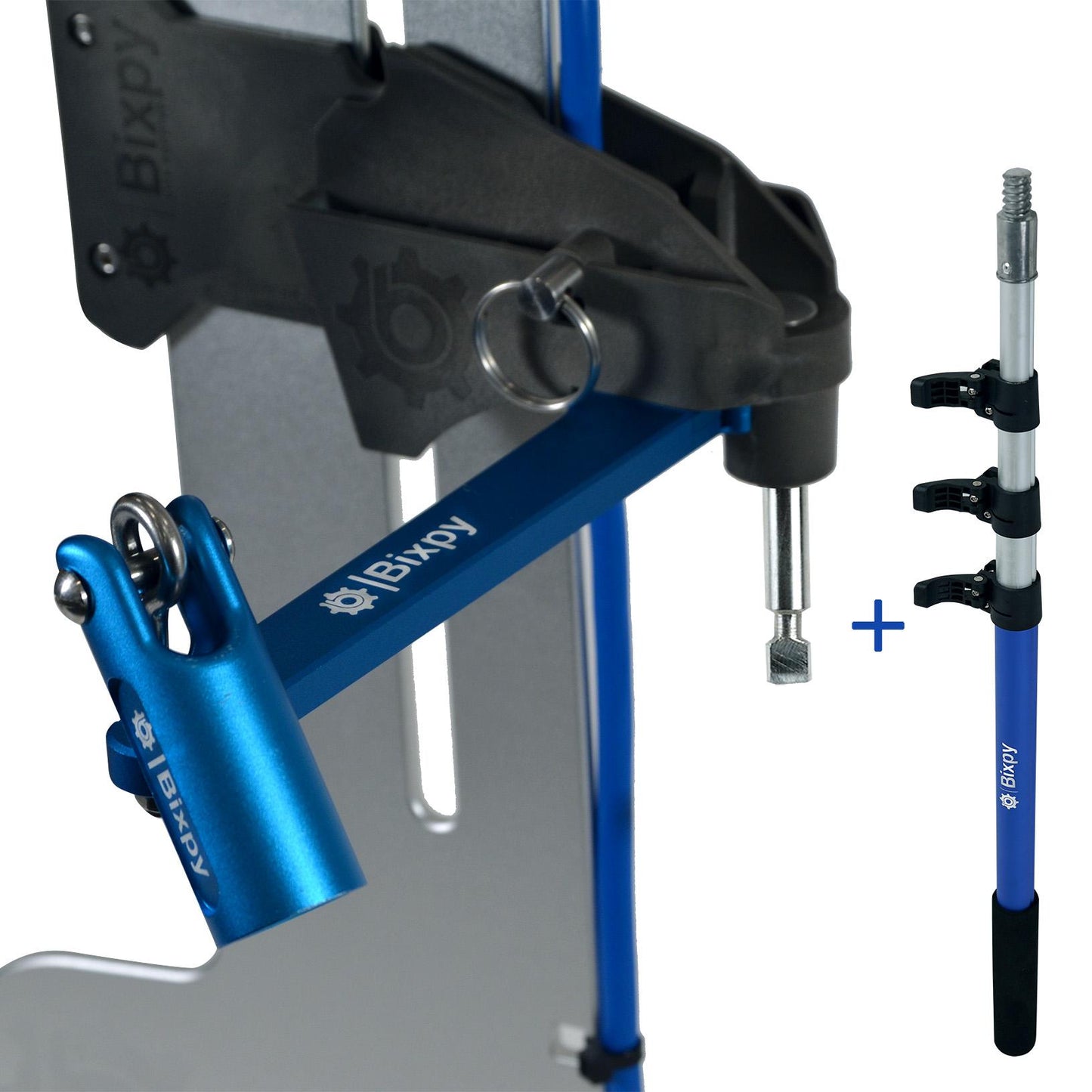 Composite image of a Bixpy Versa Rudder combined with a blue steering pole, on a white background.