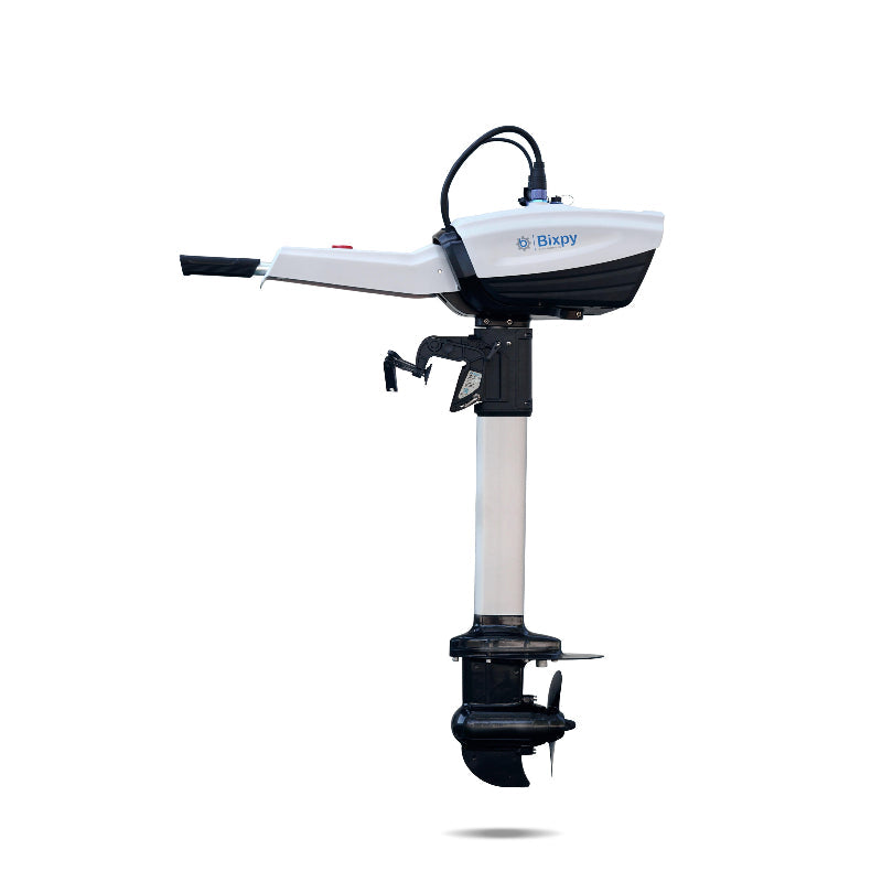 Long black Bixpy electric outboard motor kit with a white shaft, tiller handle, and propeller, on a white background.
