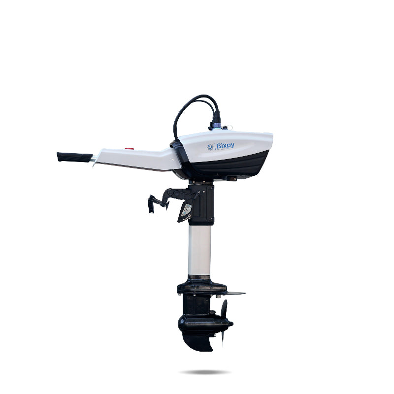 Short black Bixpy electric outboard motor kit with a white shaft, tiller handle, and propeller, on a white background.