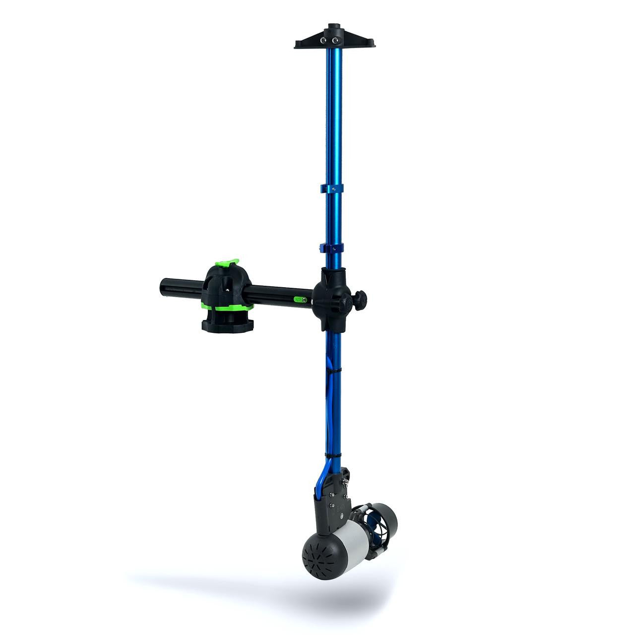 Complete Bixpy pole mount adapter system with a Bixpy Jet electric motor attached, featuring blue poles, a T-bar handle, and a green clamping mechanism, on a white background.