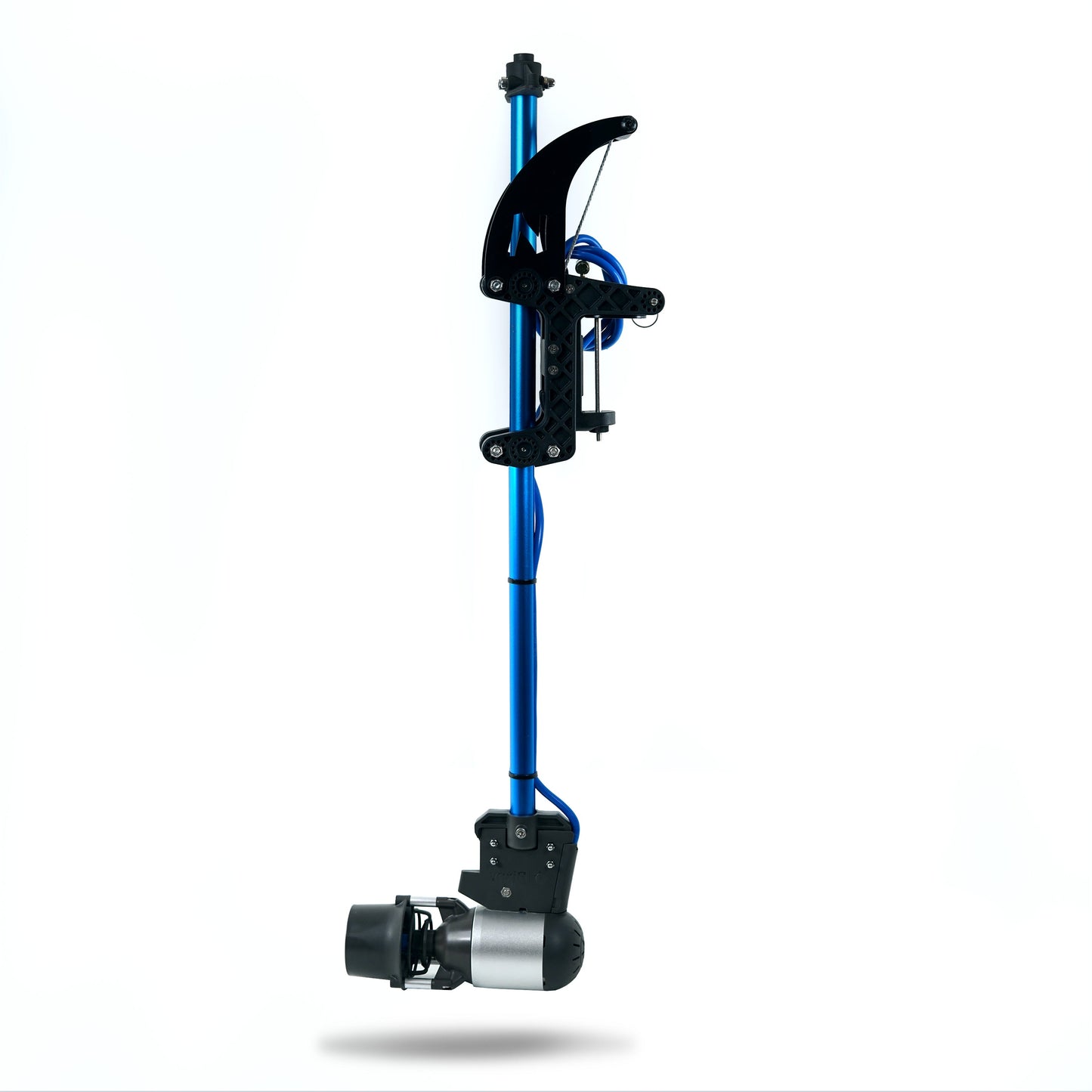 Complete Bixpy pole mount adapter system with a Bixpy K-1 motor attached to its blue vertical pole and black clamps, on a white background.