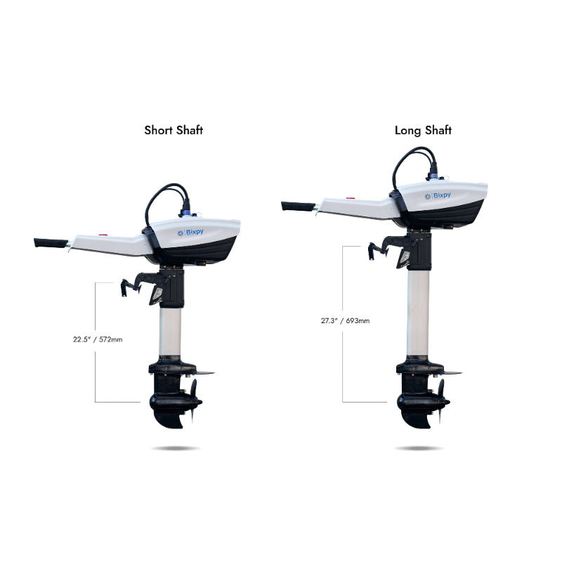Comparative diagram of Bixpy electric outboard motors, showing short shaft (22.5 inches) and long shaft (27.3 inches) variations with tiller handles and propellers.