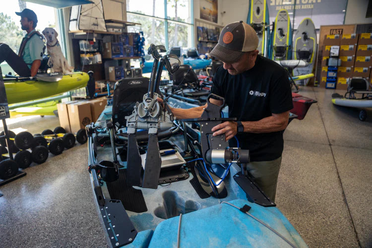 Houman, founder of Bixpy Canada, demonstrates how to add a Bixpy Canada motor to a Hobie Pro Angler Kayak