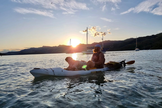 Man and dog in a kayak using the Bixpy Canada K-1 to make paddling easier