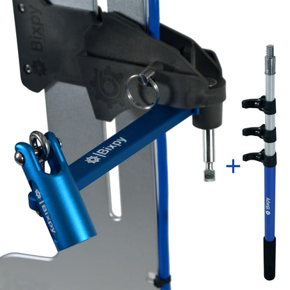 Composite image of a Bixpy Versa Rudder combined with a blue steering pole, on a white background.