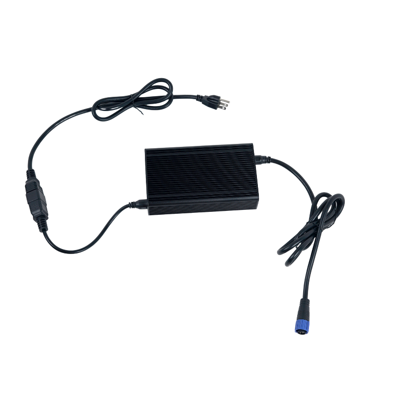 Black power adapter with cables on a white background.
