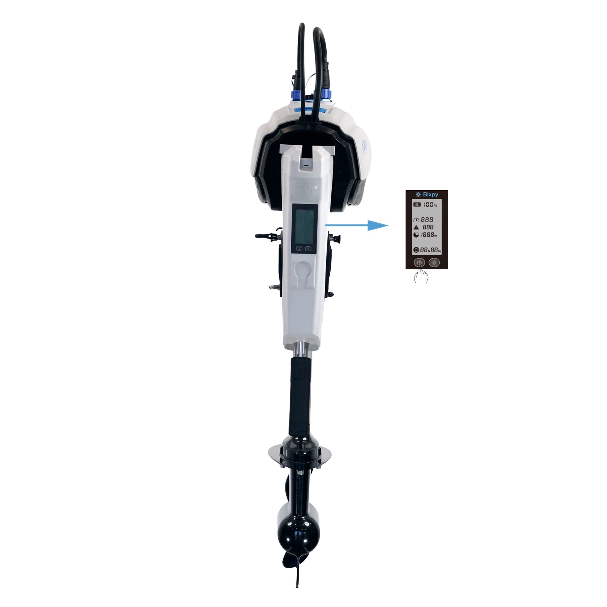 Bixpy electric outboard motor from a frontal view with an arrow pointing to its display screen, which shows 100% battery, speed, and other icons.