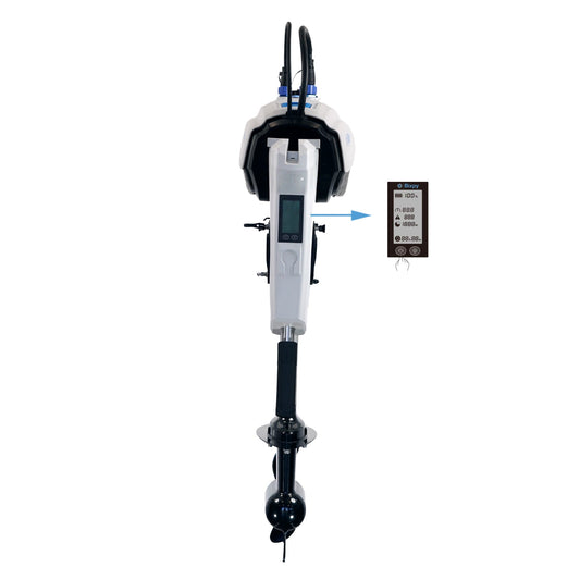 Bixpy electric outboard motor from a frontal view with an arrow pointing to its display screen, which shows 100% battery, speed, and other icons.