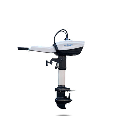 Short black Bixpy electric outboard motor kit with a white shaft, tiller handle, and propeller, on a white background.