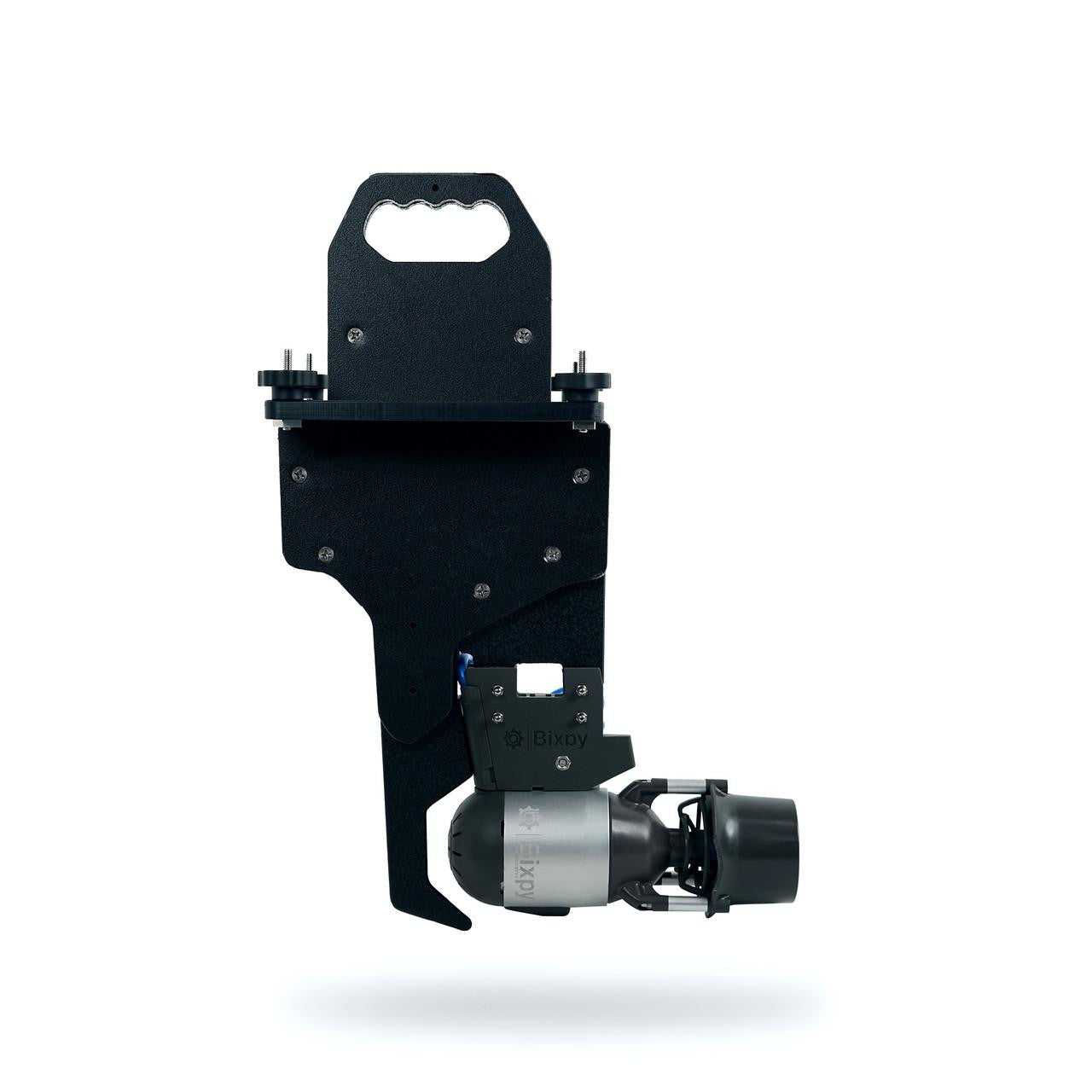 Bixpy Jet electric boat motor attached to its integrated control handle adapter.