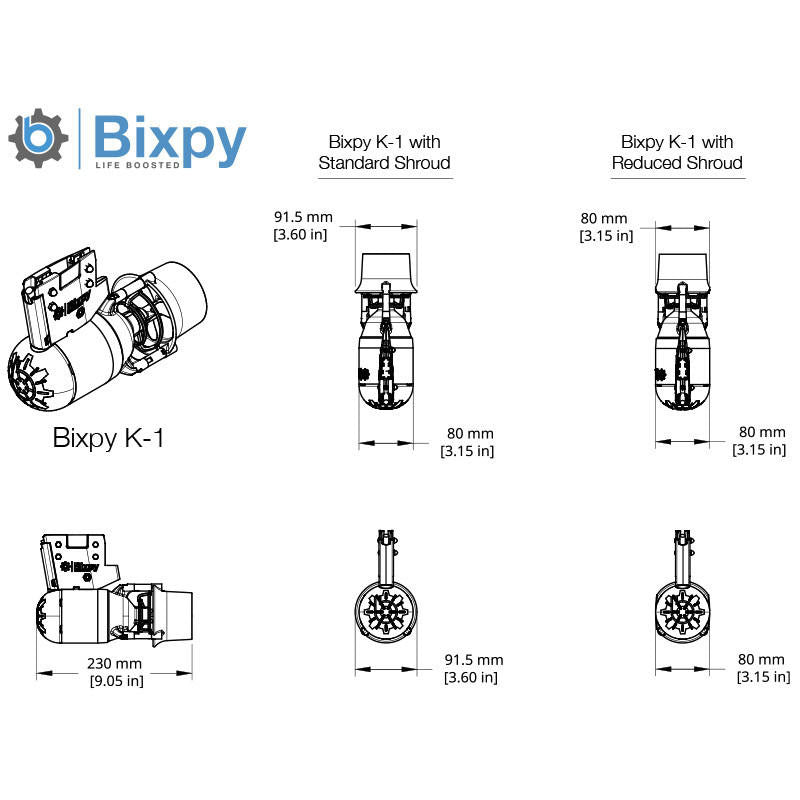 Bixpy K-1 Motor Dimensions: Technical diagram showing measurements with standard and reduced shroud.