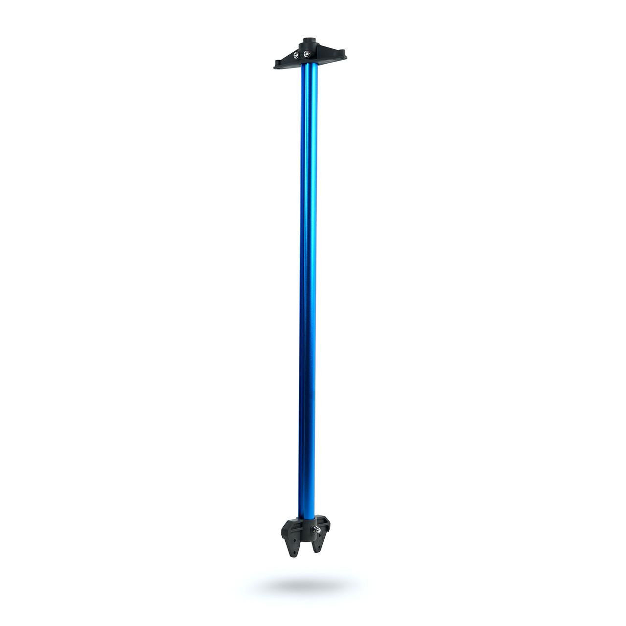 Long blue Bixpy vertical mounting pole with a black T-shaped top and a black clamping base, on a white background.