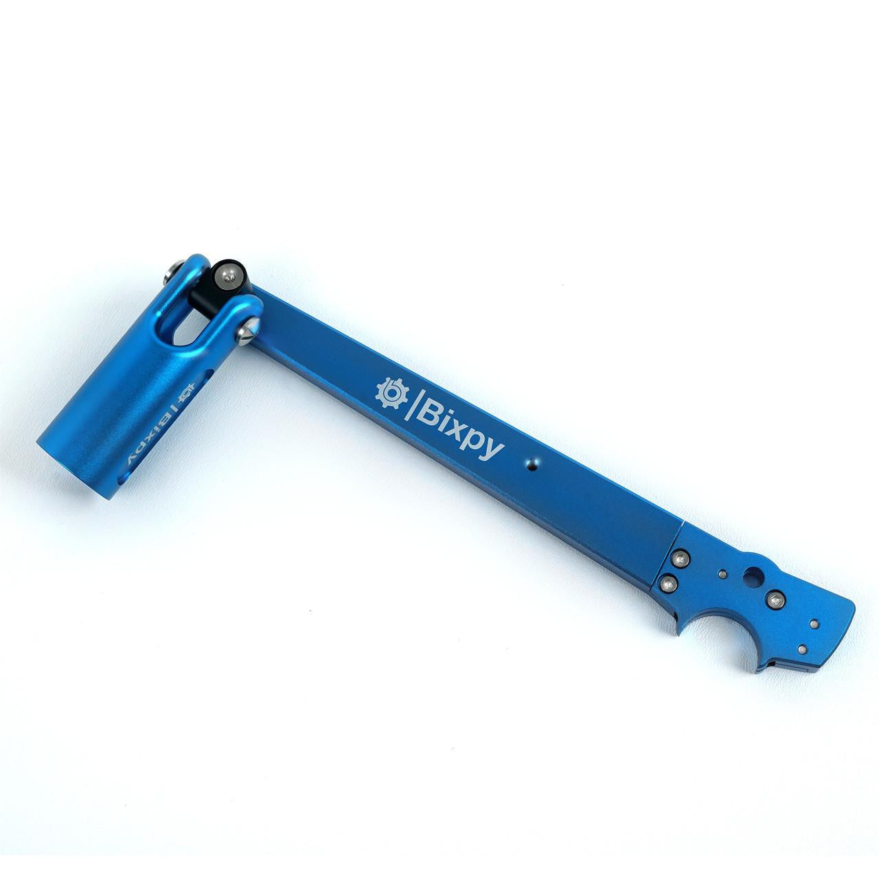 Blue aluminum Bixpy Pole Steering™ arm with a pivoting joint and mounting cutout, used for precise kayak motor steering control.