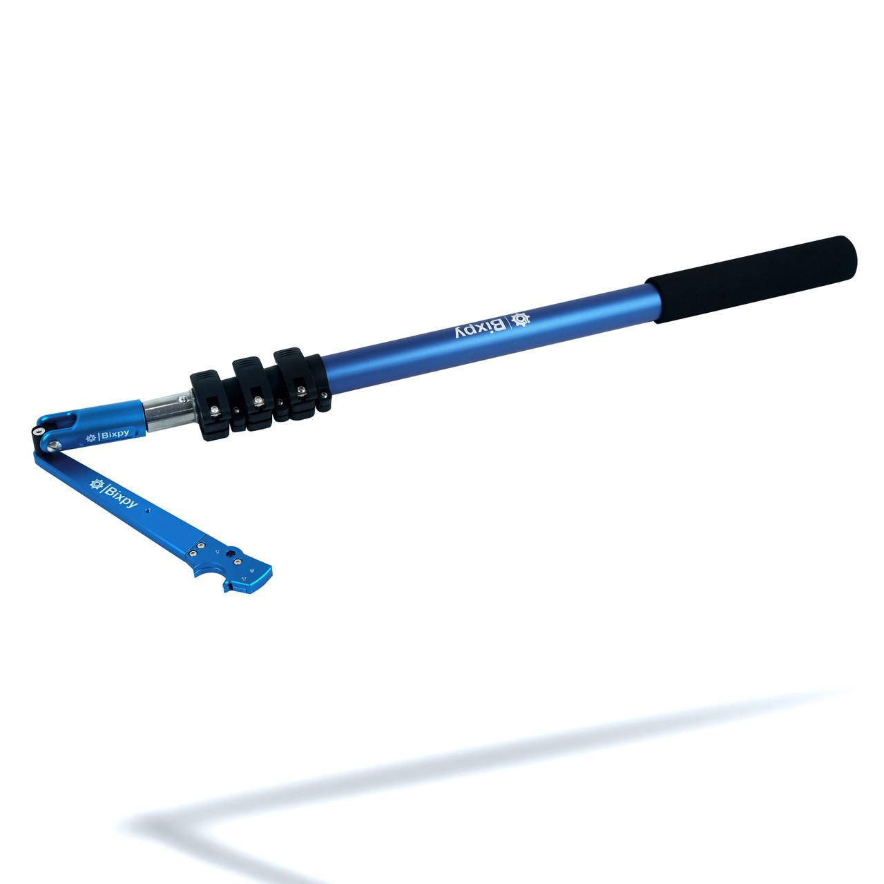 Close-up of the Bixpy Pole Steering™ system, featuring a blue vertical pole and a two-armed bracket with a black clamp, on a white background.
