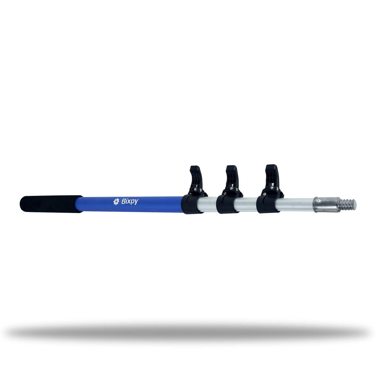 Bixpy Pole Steering™ telescopic handle with a blue grip and three adjustable black mounting clamps on a silver aluminum shaft, designed for precise kayak motor steering.
