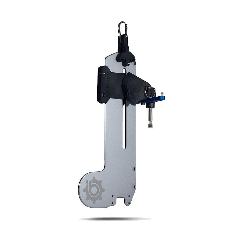 Long gray Bixpy Versa Rudder with black clamp and blue adjustment ring, designed for vertical motor installation and steering on watercraft.