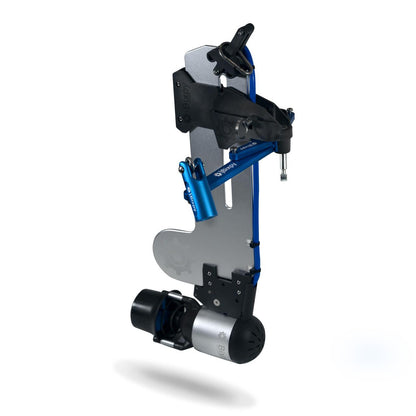 Bixpy Jet electric motor mounted on a light gray Bixpy Versa Rudder with a blue vertical shaft and black clamping mechanisms, on a white background.