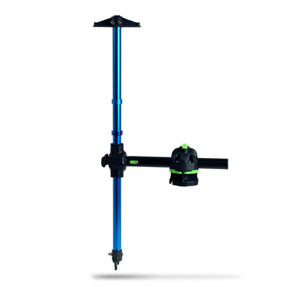 Blue and black Bixpy pole mount adapter with a horizontal arm and green clamping mechanism, designed for versatile mounting, on a white background.