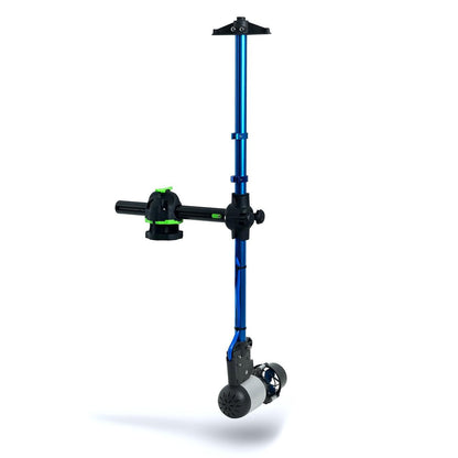 Complete Bixpy pole mount adapter system with a Bixpy Jet electric motor attached, featuring blue poles, a T-bar handle, and a green clamping mechanism, on a white background.