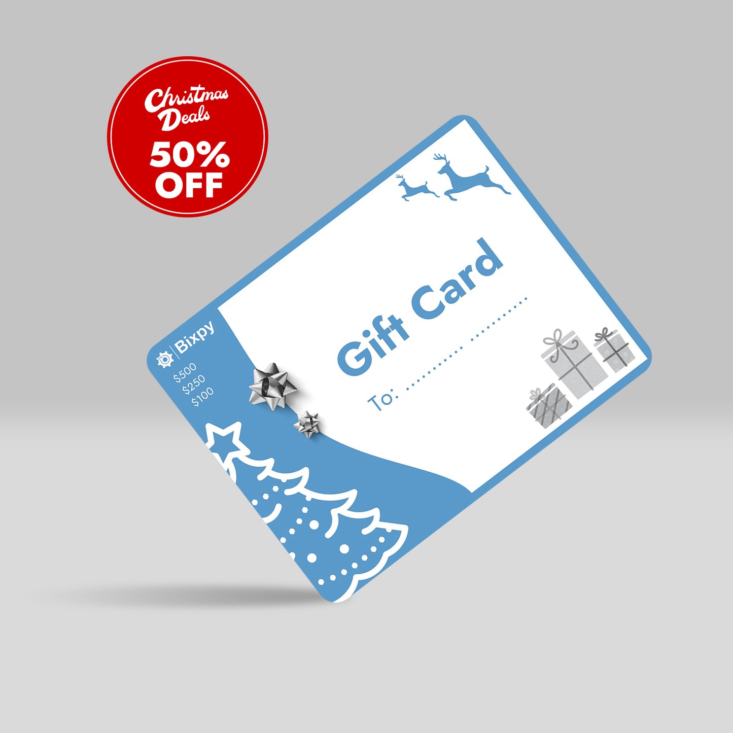 Gift card with blue border and Christmas-themed design on a gray background