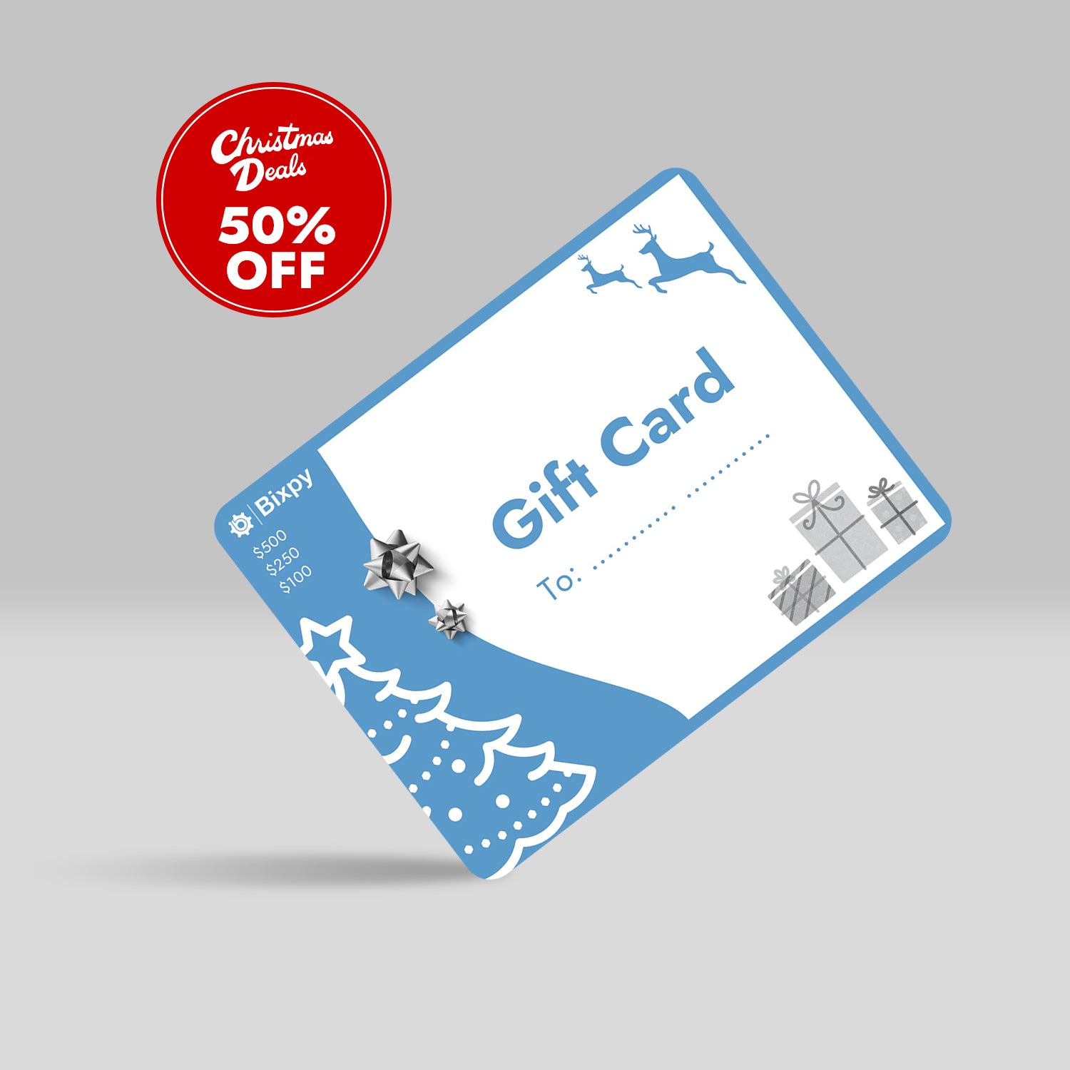 Gift card with blue border and Christmas-themed design on a gray background