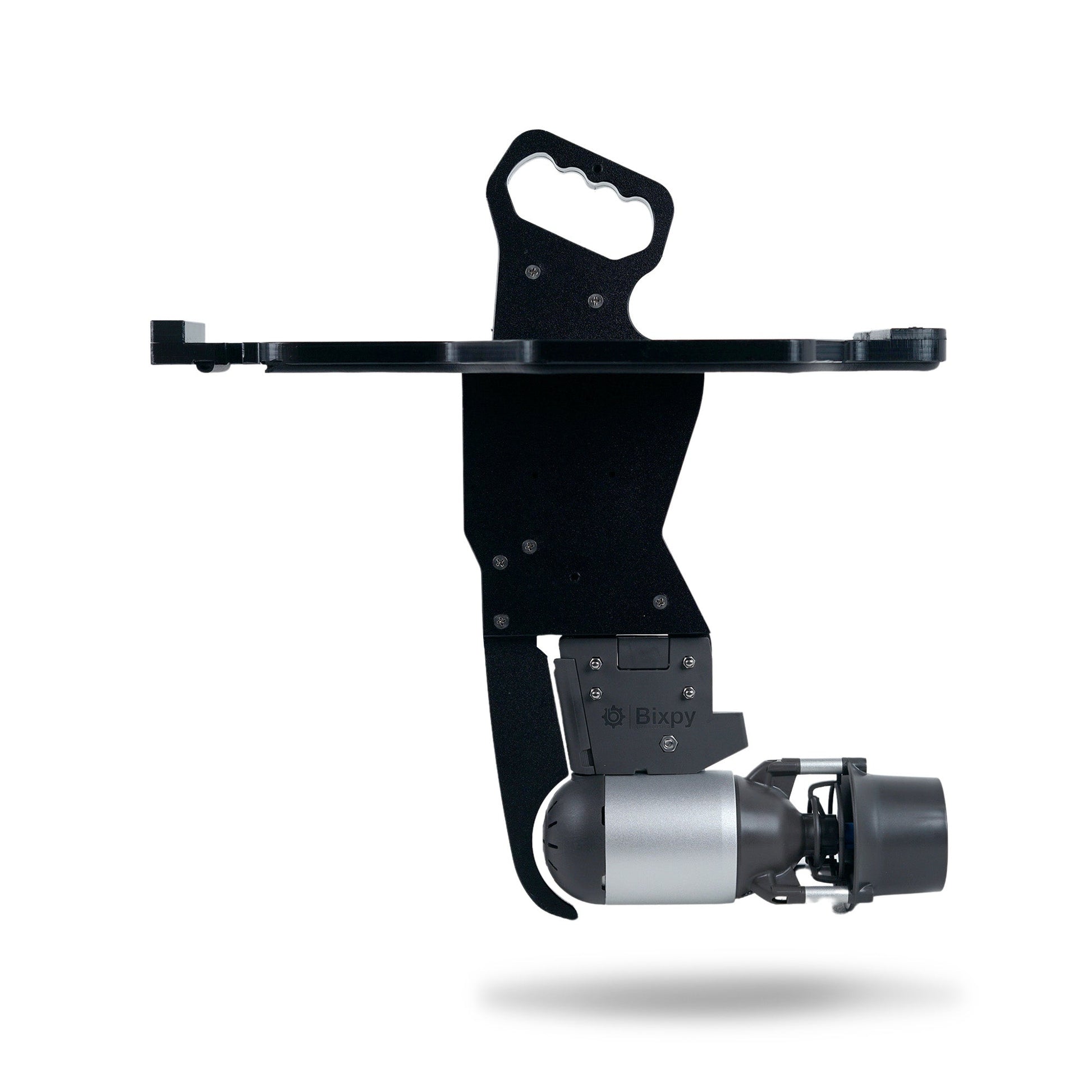 Bixpy Jet electric boat motor attached to its integrated control handle adapter.