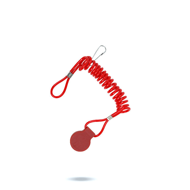 Red coiled kill switch safety lanyard with a metal clip, on a white background.