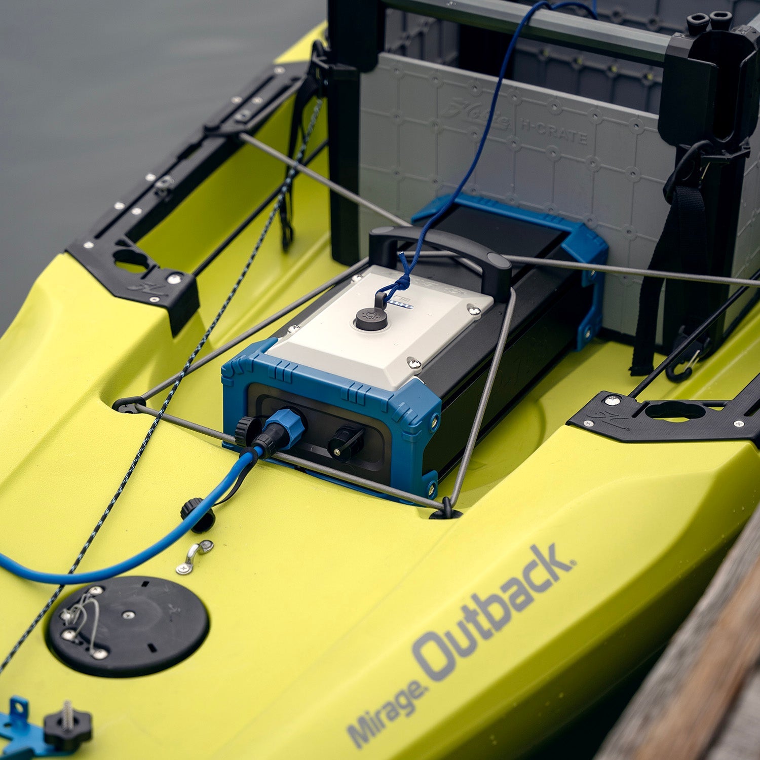Close-up of a yellow kayak with bixpy pp-768 battery on a gray background