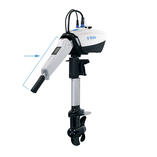 Bixpy electric outboard motor with a tiller handle, display screen, and propeller, on a white background, with an arrow highlighting the handle.