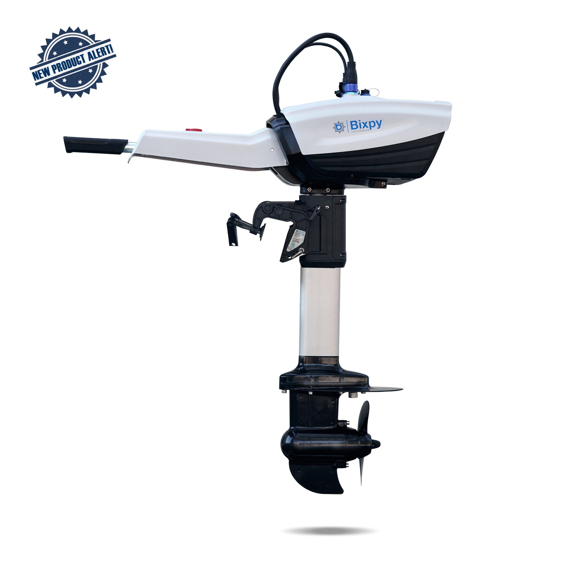 White and black Bixpy electric outboard motor kit with tiller handle, silver shaft, and propeller, on a white background.