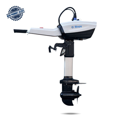 White and black Bixpy electric outboard motor kit with tiller handle, silver shaft, and propeller, on a white background.