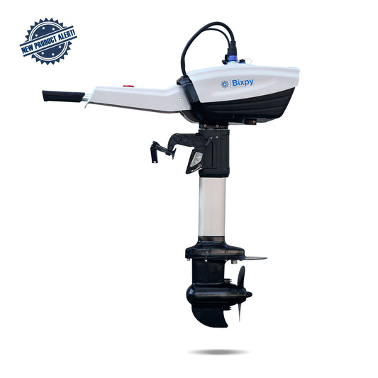 White and black Bixpy electric outboard motor kit with tiller handle, silver shaft, and propeller, on a white background.