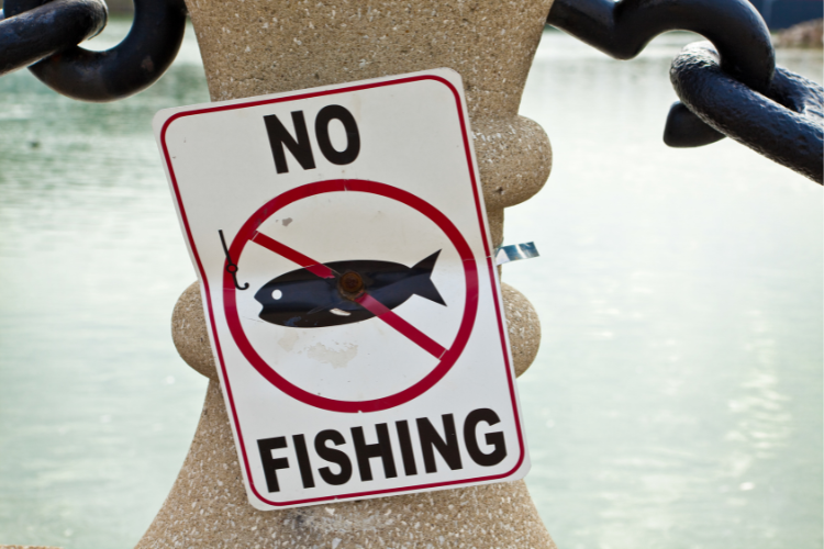 No fishing sign - red circle around a black fish with a red slash through it and the words no fishing